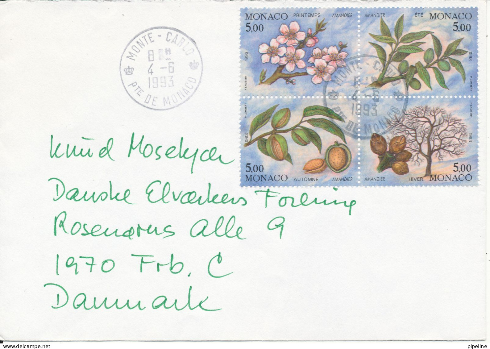Monaco Cover Sent To Denmark 4-6-1993 With Topic Stamps Block Of 4 From A Minisheet - Brieven En Documenten