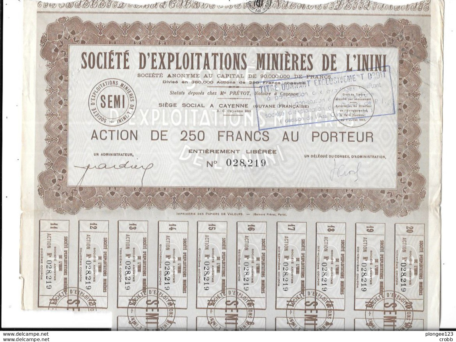 STE Exploitations Minières DE L'ININI (Cayenne) Action De 250 Francs Au Porteur - M - O