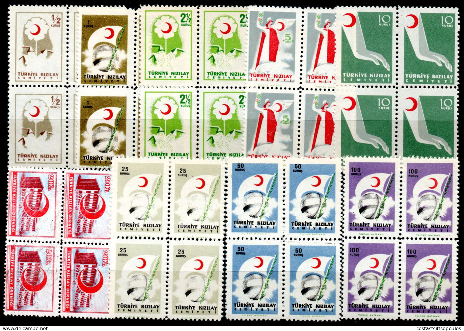 2253. 1957 TURKEY RED CRESCENT SOCIETY CHARITY STAMPS MNH **BLOCKS OF 4,SEE 20K BACK SIDE,OTHERS VERY FINE. - Charity Stamps