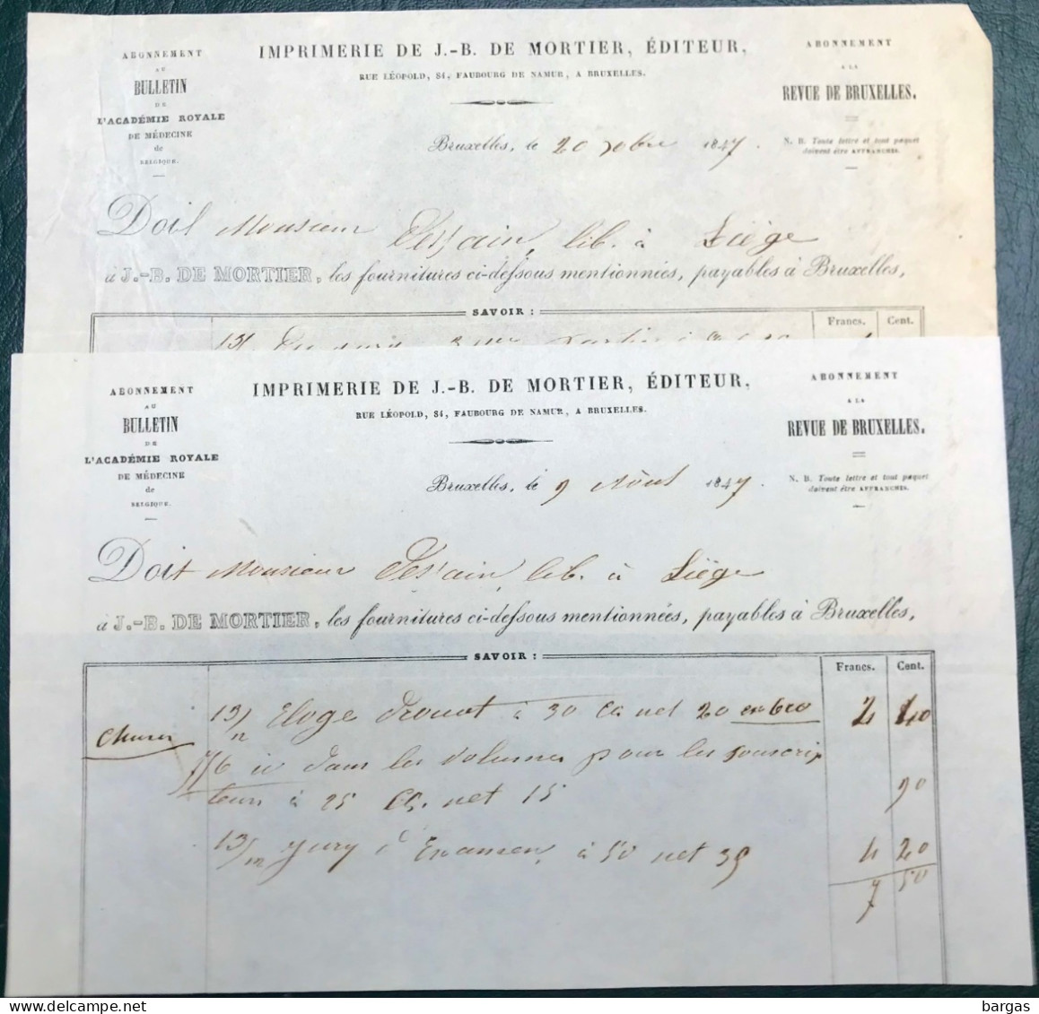1847 Deux Document Facture Imprimerie De Mortier à Bruxelles Revue Académie Royale De Médecine - 1800 – 1899