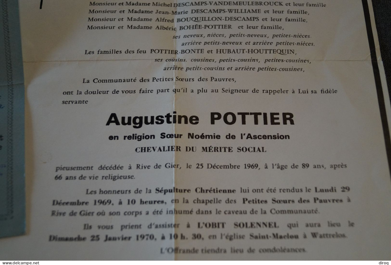 Ancienne Carte D'identité De Religieuse Fançaise Augustine Pottier Et Du Décès De Soeur Noémie (Loire) - Documenti Storici