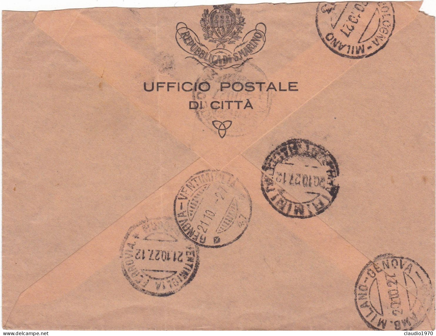 S. MARINO - BUSTA RACC. - VIAGGIATA PER GENOVA - 1927 - Storia Postale