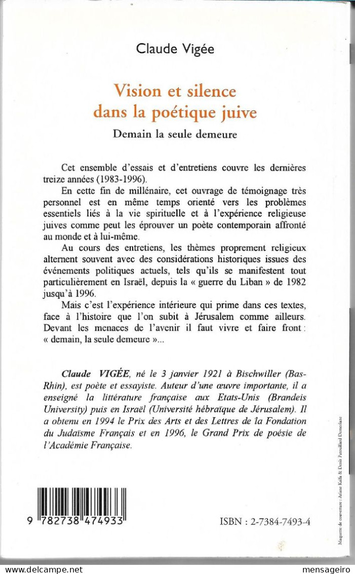 (LIV) – VISION ET SILENCE DANS LA POETIQUE JUIVE – CLAUDE VIGEE 1999 JUDAICA - Französische Autoren