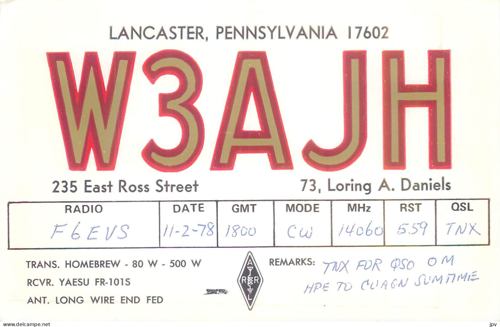 CARTE QSL : LANCASTER . PENNSYLVANIA .1978. - Autres & Non Classés