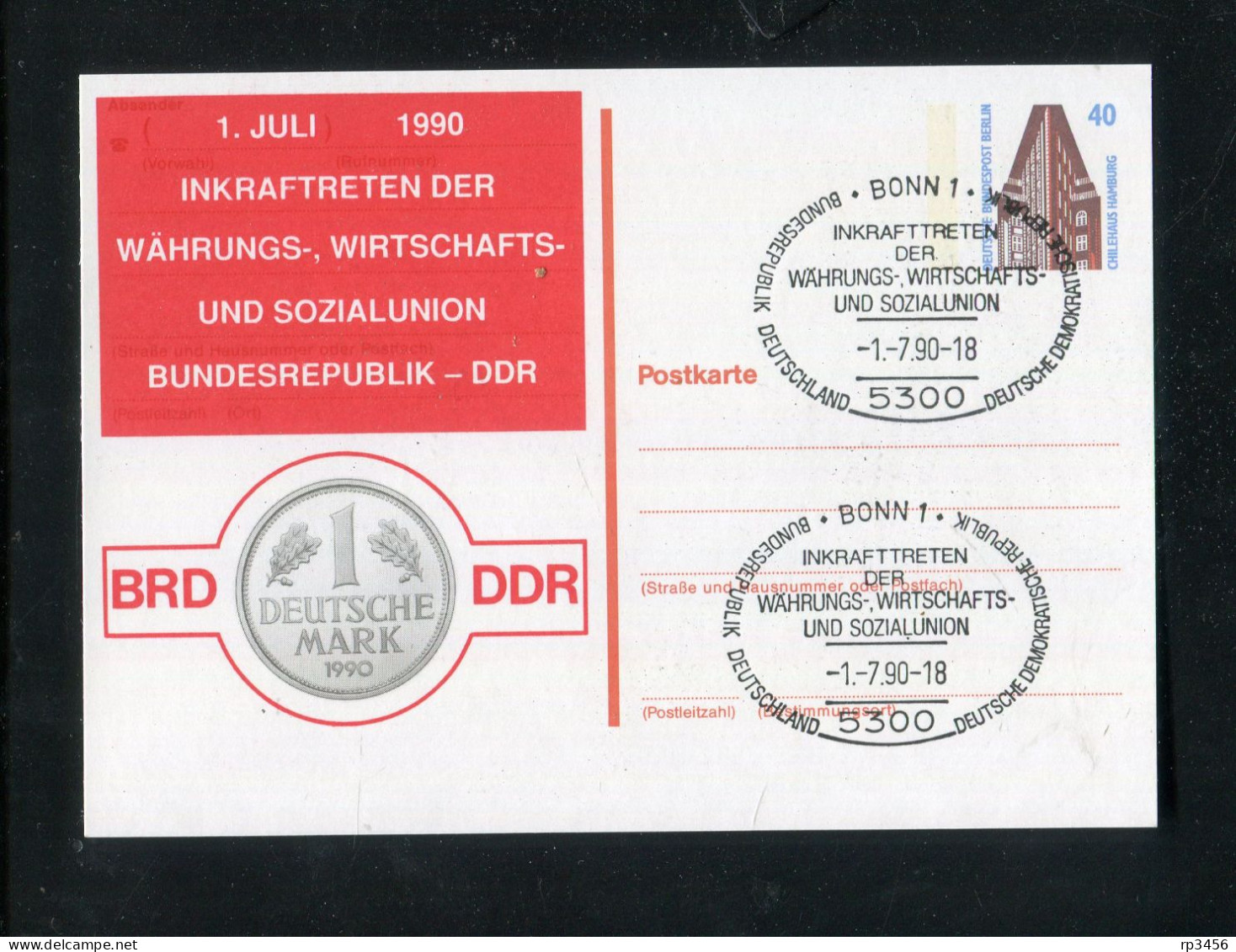 "BUNDESREPUBLIK DEUTSCHLAND" 1990, Privatpostkarte "Union BRD/DDR", SSt. "Bonn" (3906) - Privatpostkarten - Gebraucht