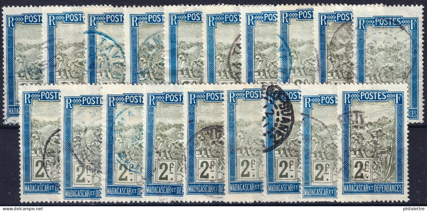 MADAGASCAR - 1908./17 Yv.109 2fr Bleu & Olive - Lot De 19 Timbres Oblitérés B/TB (cote 47,50€) - Oblitérés