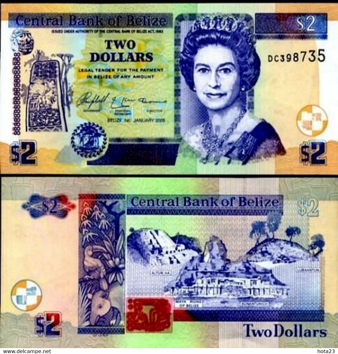 BELIZE 2 DOLLARS P-65 2005 QUEEN RUIN UNC ANIMAL FAUNA WILD LIFE MONEY BANK NOTE - Belize