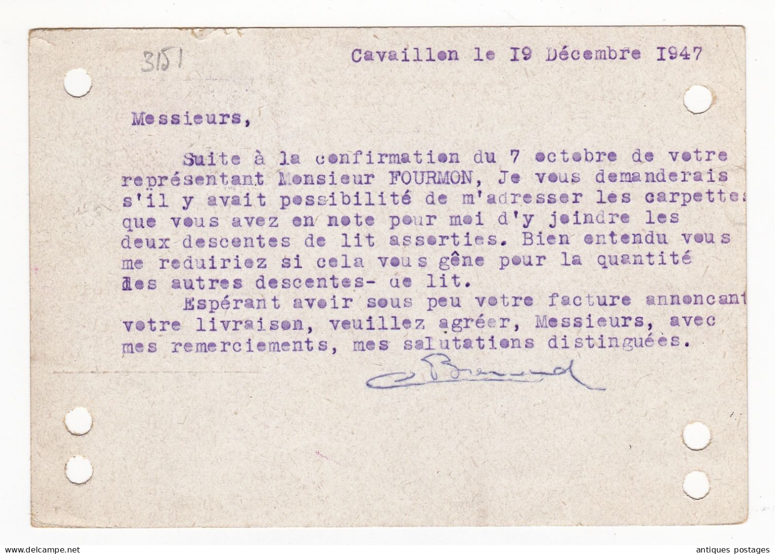 Entier Postal 1947 Cérès de Mazelin Cavaillon Vaucluse Tourcoing Moulin Fils & Cie Tissus