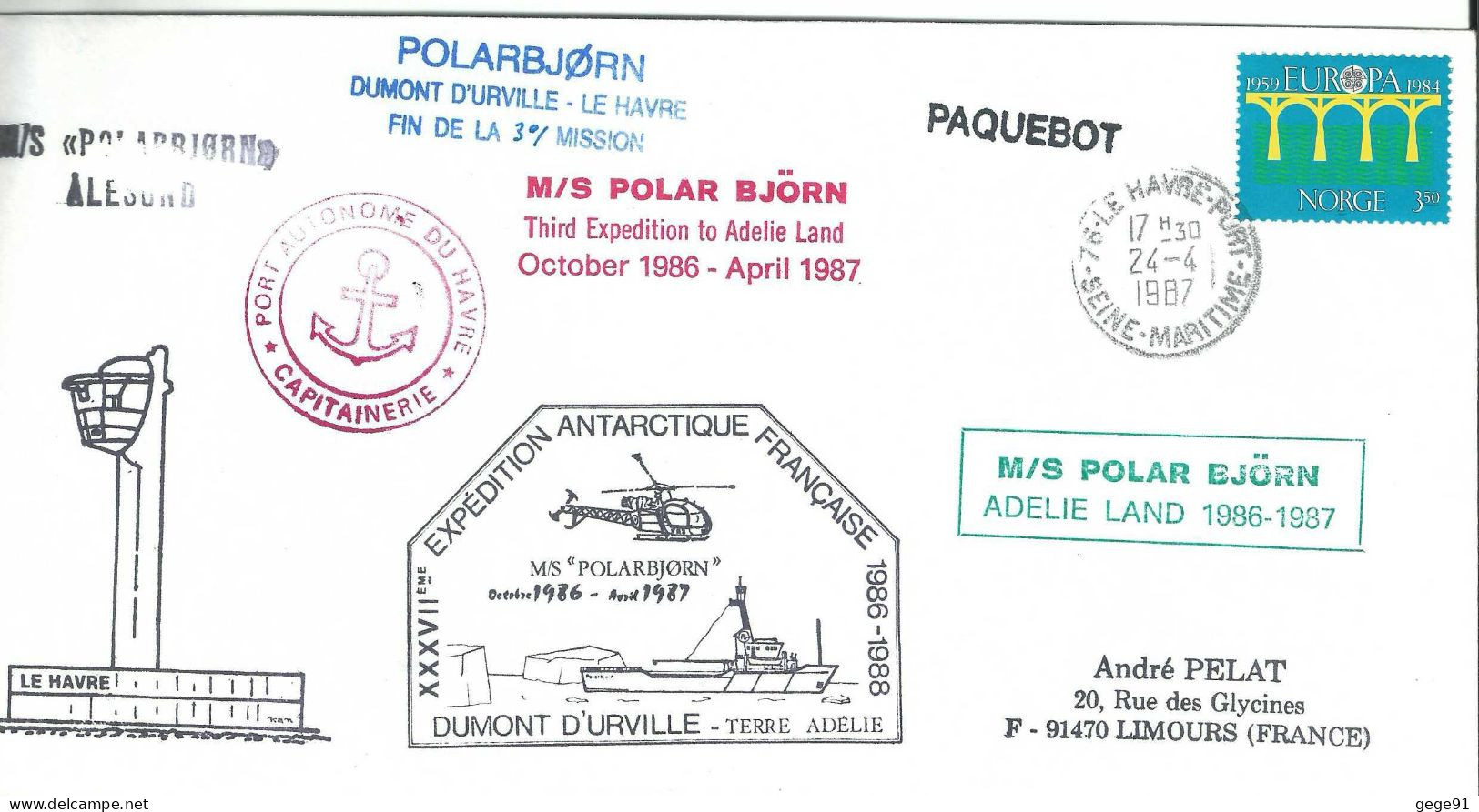 YT 861 Europa - Posté à Bord Du Polarbjorn - Paquebot - Le Havre - 24/10/1986 - Lettres & Documents