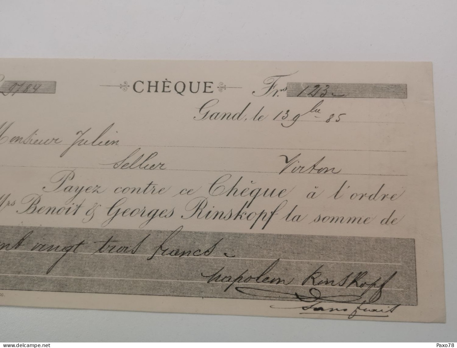 Cheque , Napoléon Rinskopf, Gand 1885 Avec Timbre 25C Leopold II - 1893-1900 Thin Beard