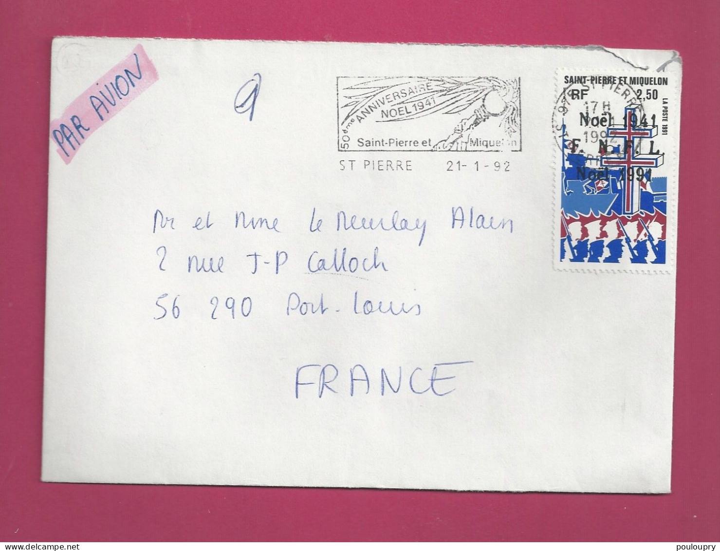 Lettre De 1992 Pour La France-YT N° 554 - Seul Sur Lettre - Noël - Croix De Lorraine - Flamme 50ème Anniversaire Noël 41 - Lettres & Documents