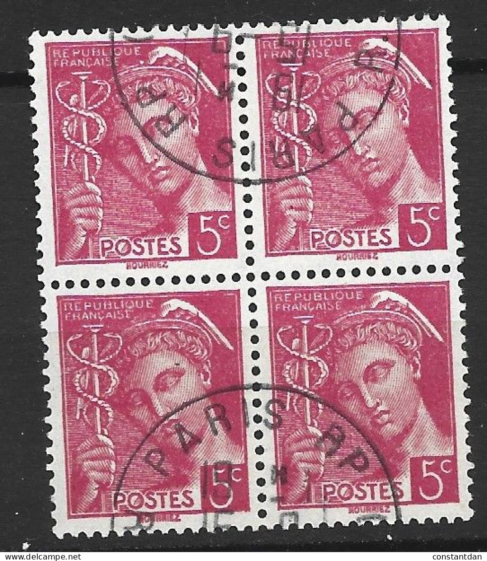 FRANCE N°406 5C ROSE TYPE MERCURE BLOC  DE 4 OBL - 1938-42 Mercurio