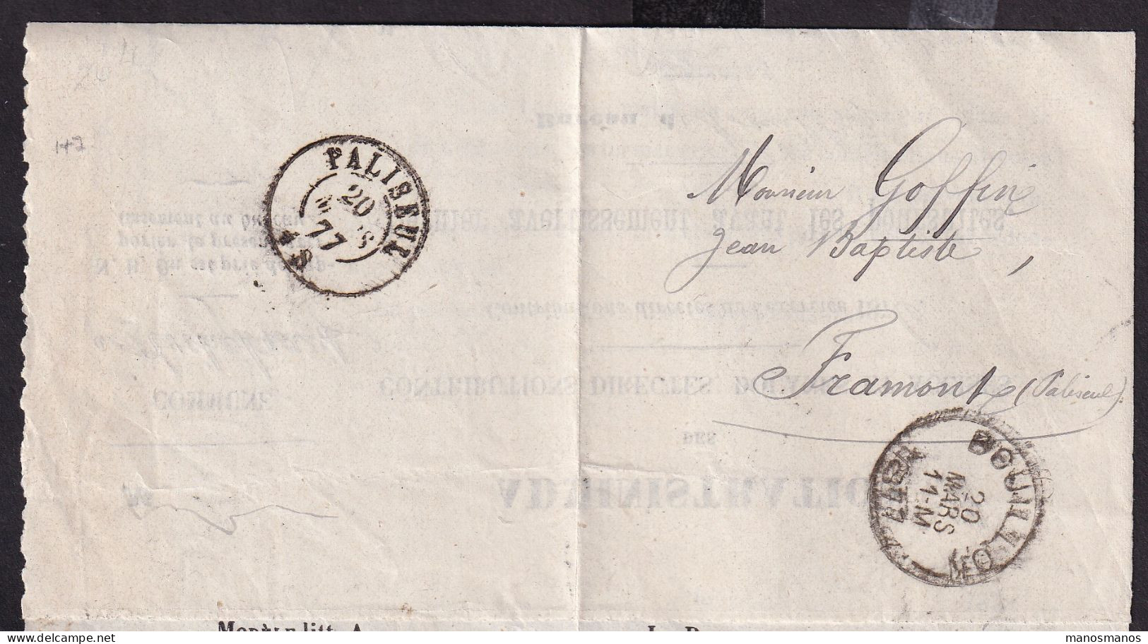333/40 -- IMPRIME En Franchise Des Contributions BOUILLON 1877 Vers FRAMONT Via D.C. PALISEUL - Franchise