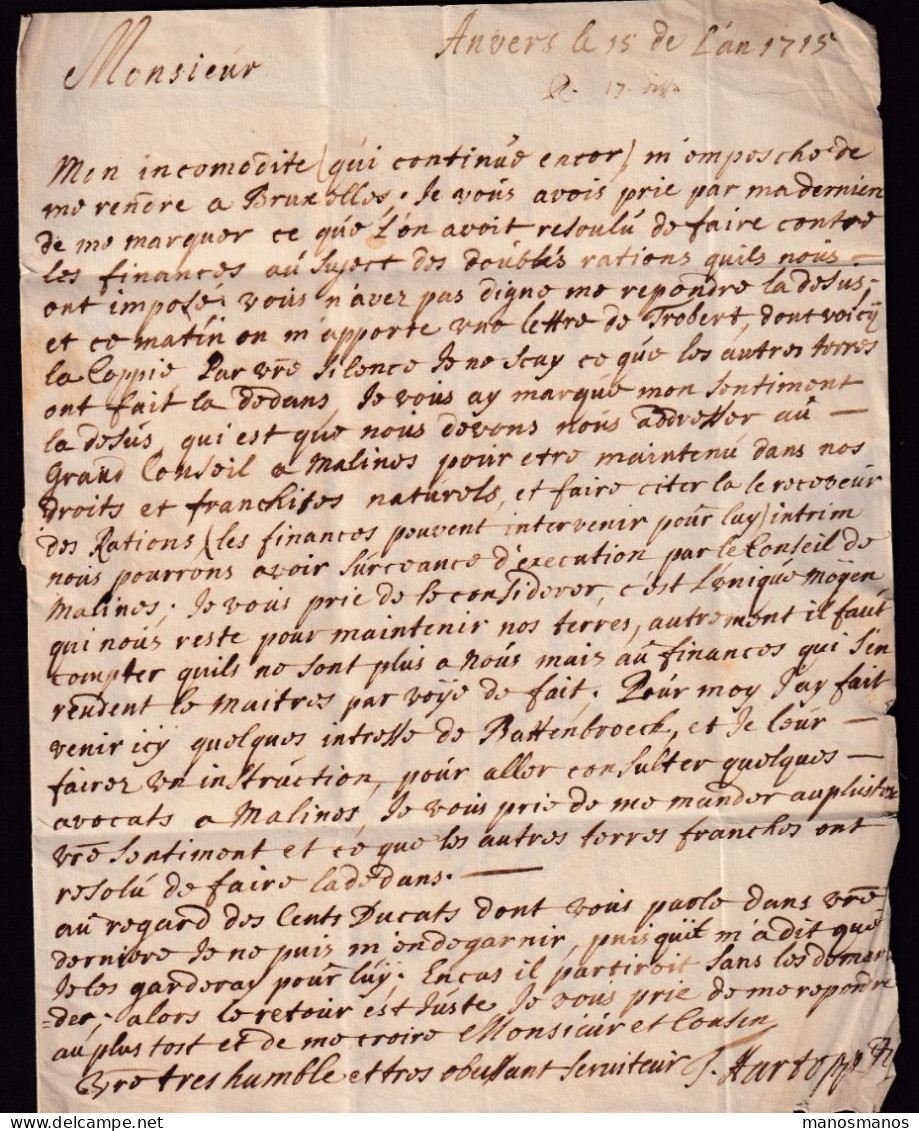 342/40 - Lettre Précurseur 1715 De ANTWERPEN à Bruxelles - Port 6 Stuivers à L' Encre , Corrigé à 2. - 1621-1713 (Países Bajos Españoles)