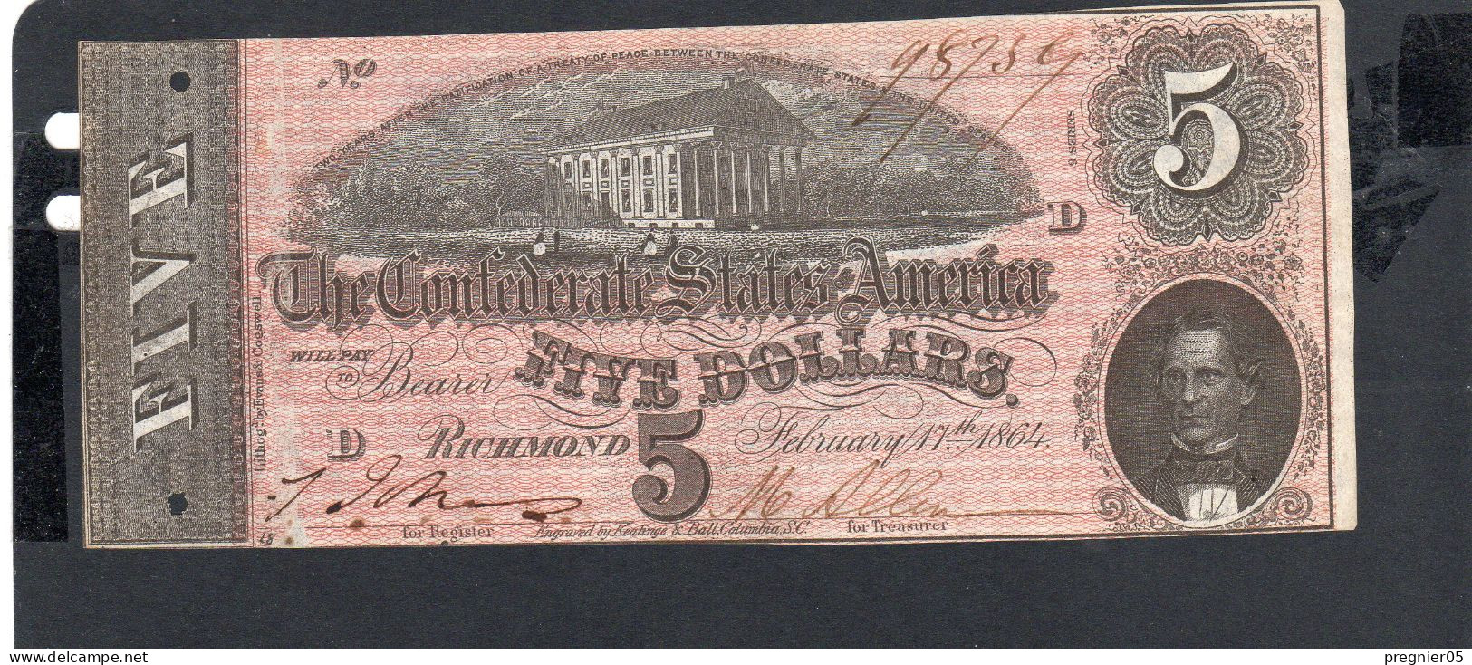 Baisse De Prix USA - Billet  5 Dollar États Confédérés 1864 SUP/XF P.067 - Valuta Van De Bondsstaat (1861-1864)