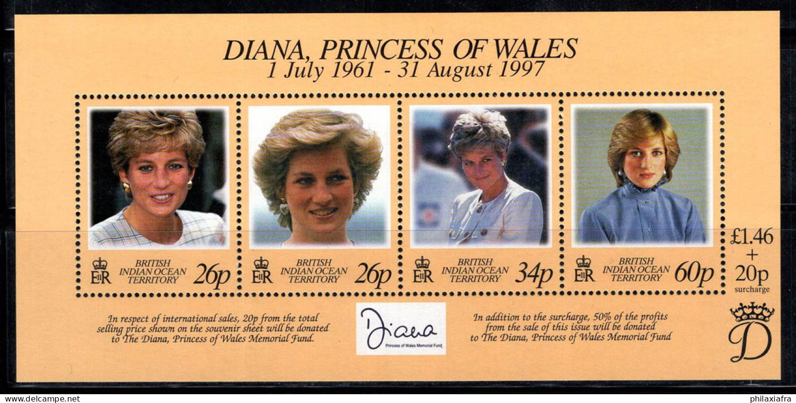 Territoire Britannique De L'océan Indien 1998 Mi. Bl.10 Bloc Feuillet 100% Princesse Diana - Territoire Britannique De L'Océan Indien