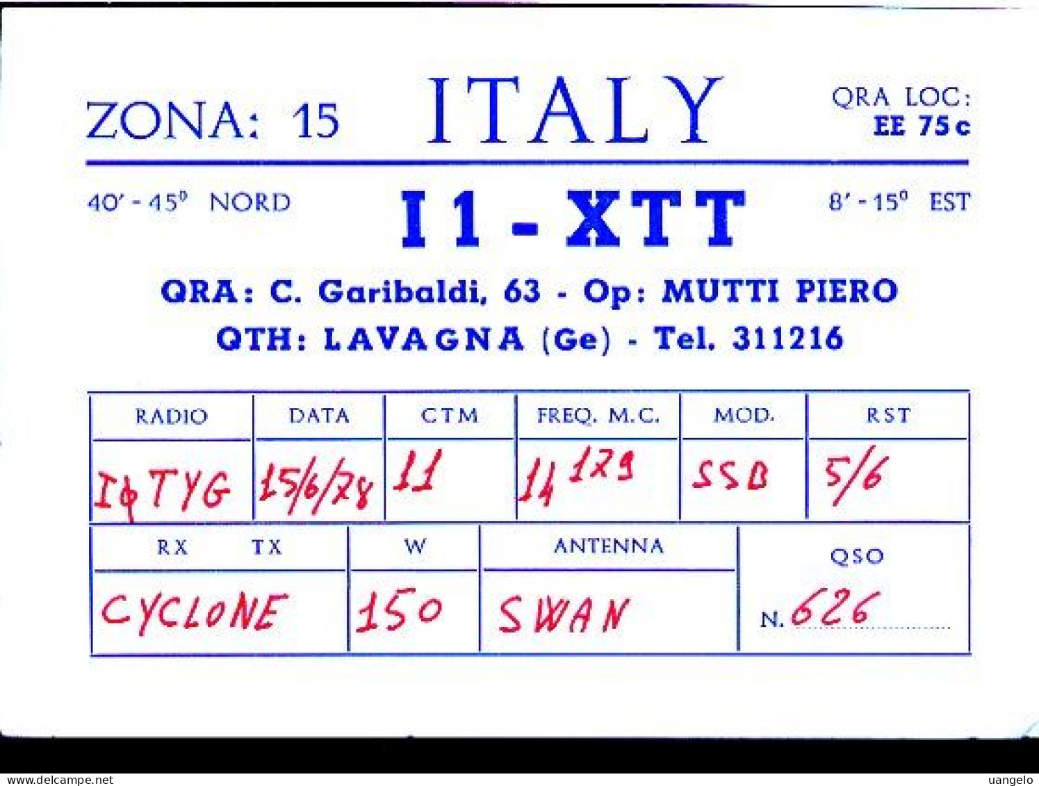 RC655 QSL I1-XTT LAVAGNA , C. GARIBALDI OP. MUTTI - Other & Unclassified