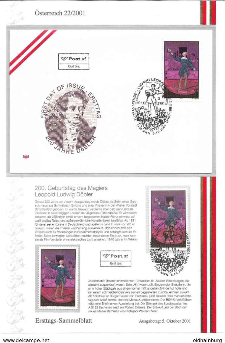 1647f: Österreich 2001: Ludwig Döbler, Magier Und Bürgermeister Von 3153 Eschenau **/o Sowie FDC Mit Beschreibungsblatt - Lilienfeld