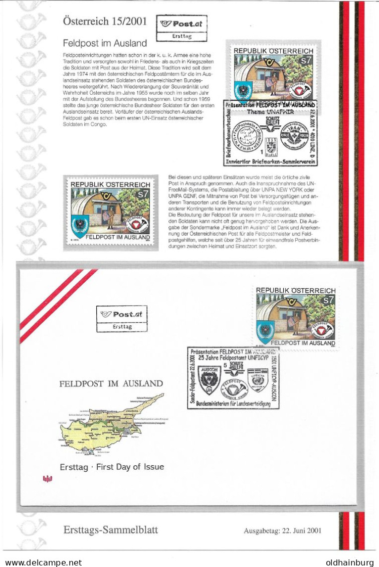 1647m: Österreich 2001: UNO- Mitläufer "Feldpost Im Ausland" **/o Sowie FDC Mit Beschreibungsblatt Im Format A5 - Lettres & Documents