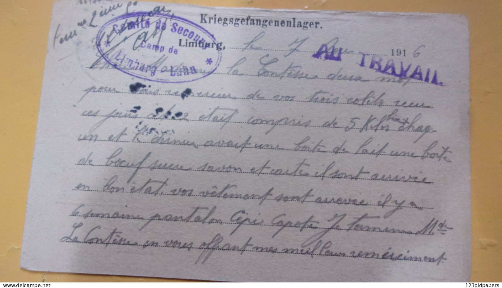 WWI KRIEGSGEFANGENENDUNG  LIMBURG LAHN  GEFANGENEN  CAMPS DE PRISONNIERS CACHET AU TRAVAIL - Gevangenenpost