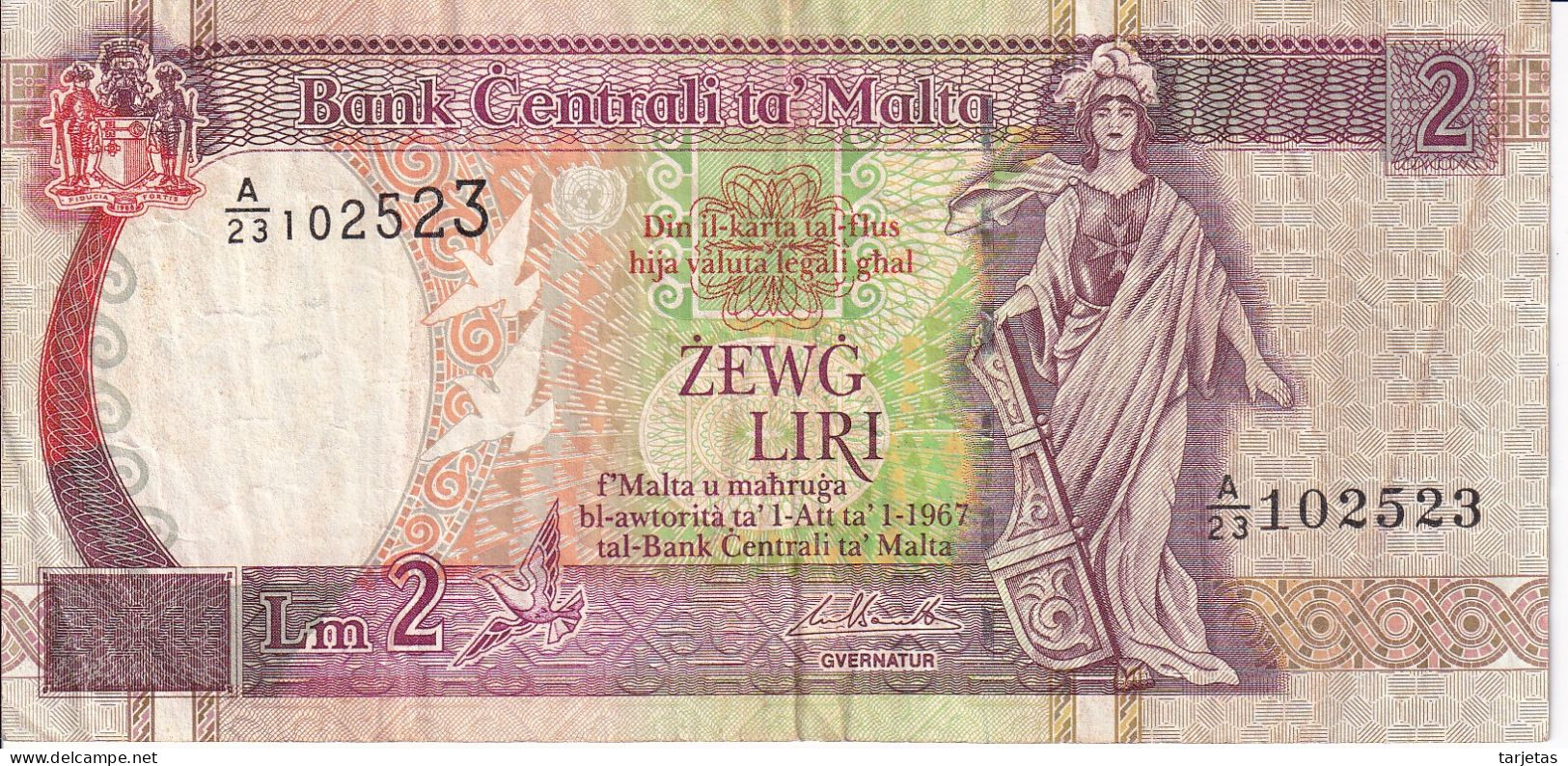 BILLETE DE MALTA DE 2 LIRAS DEL AÑO 1989  (BANKNOTE) - Malta