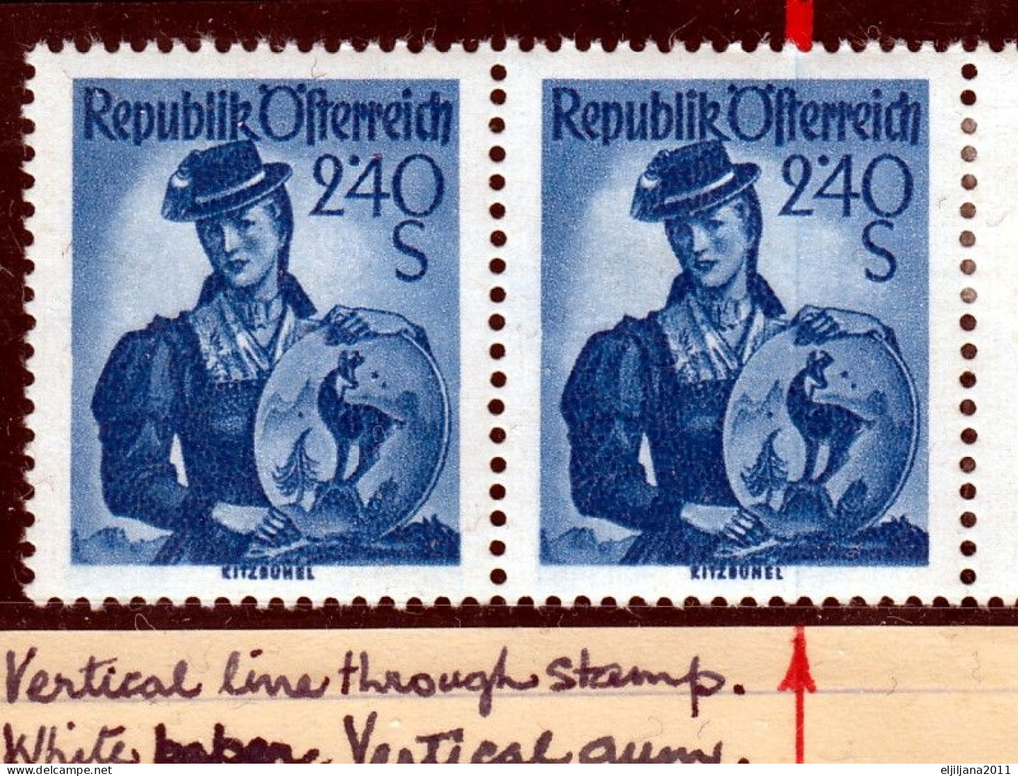 ⁕  Austria 1951 Tirol ⁕ Traditional Costume / Trachtenserie ERROR Vertical Line Mi.920 ⁕ 2v MNH - Variétés & Curiosités