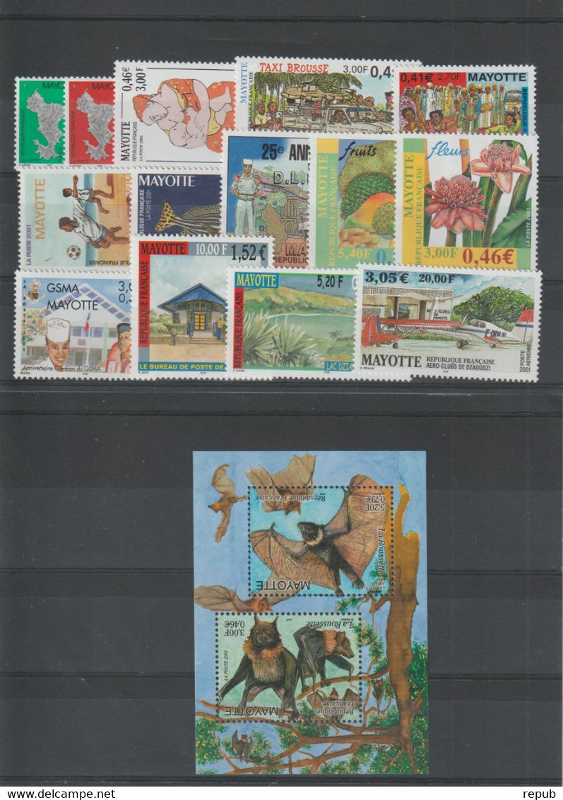 Mayotte Année Complète 2001 Poste 96 à 110 Et PA 5, 16 Val ** MNH - Ungebraucht