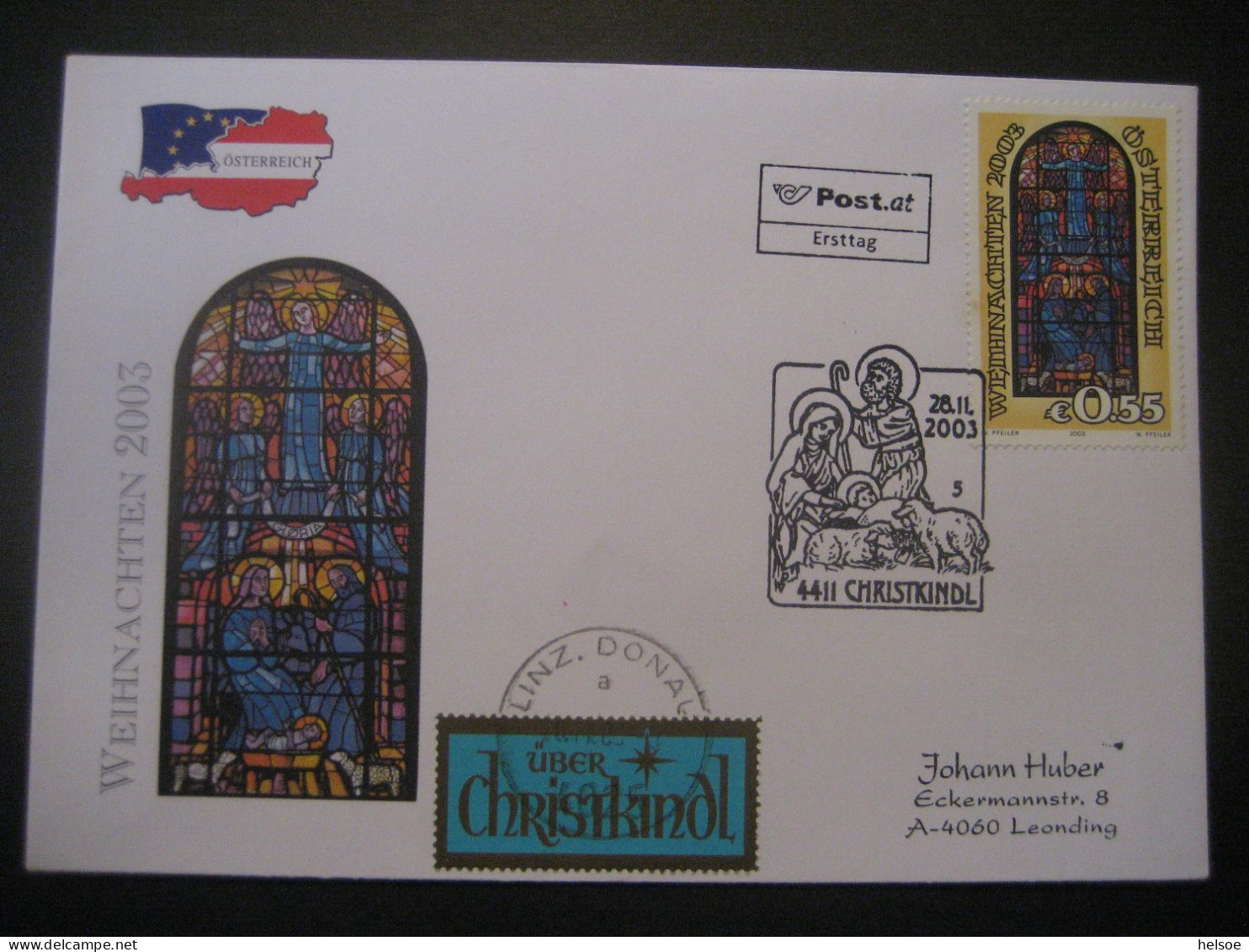 Österreich- Christkindl 26.11.2003, FDC Sonderbeleg Mit Leitzettel Linz - Briefe U. Dokumente