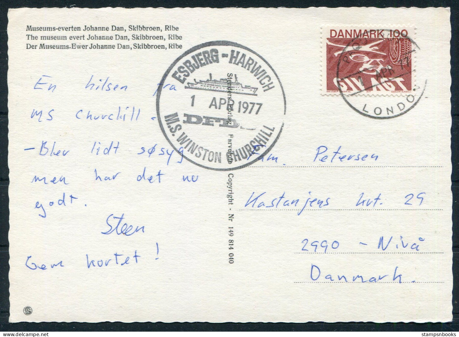 1977 Denmark Ribe Museum Postcard DFDS Winston Churchill Ship Esbjerg - Harwich, London Paquebot - Cartas & Documentos