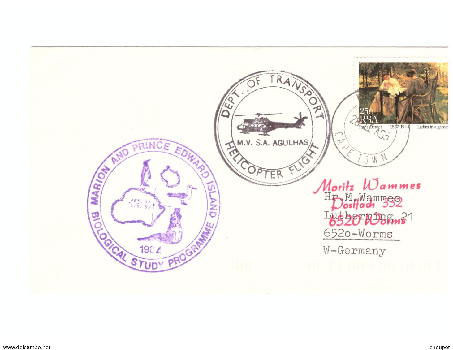 CAPE TOWN HELICOPTER  AGULHAS 28 NOV 1985 ILE MARION - Lettres & Documents