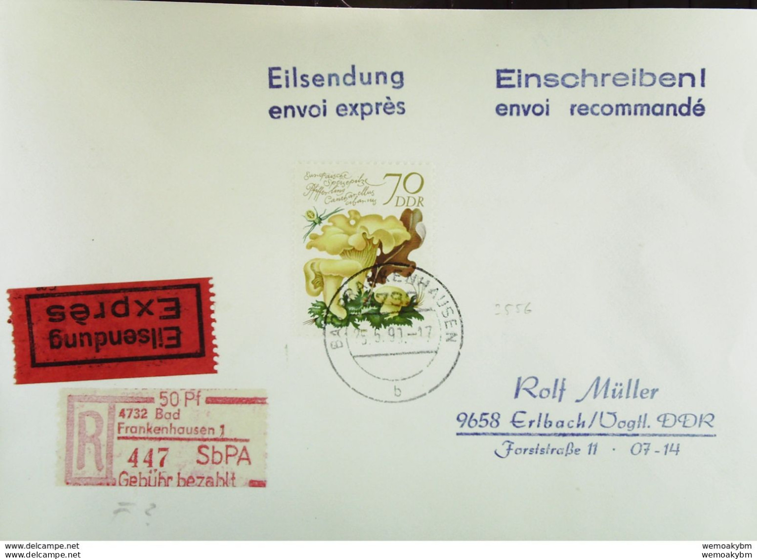 DDR: R-Eil-Fern-Bf 70 Pf Pfifferling Europ. Speisepilze Mit SbPA-R-Zettel 3, 4732 Bad Frankenhausen 1, 25.8.90 Knr: 2556 - R-Zettel