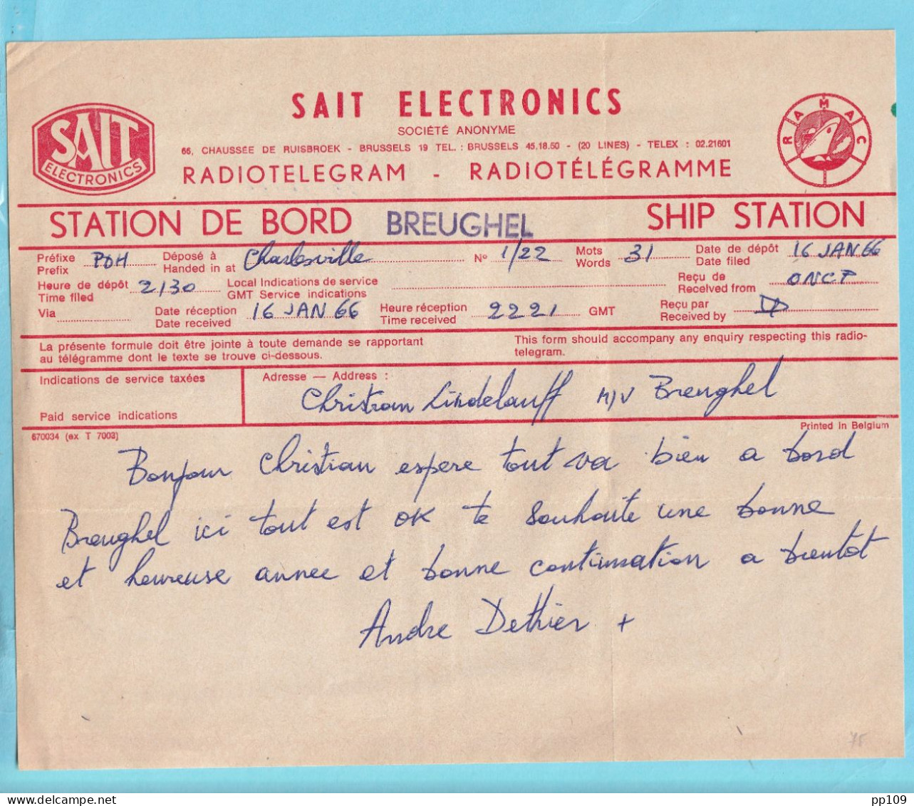 RADIOTELEGRAM Radiotélégramme SAIT Electronics Chaussée De Ruisbroeck UCCLE Station Breughel  16 Janvier 1966  - Telegrammen