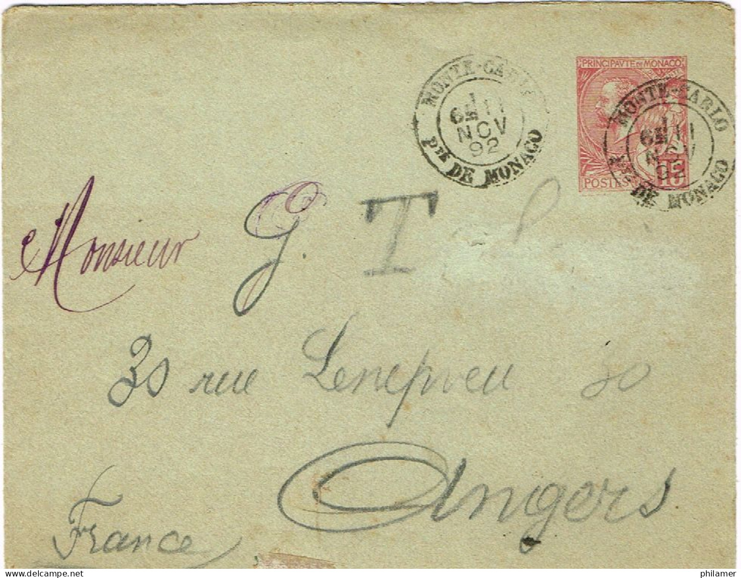 MONACO ENTIER POSTAL STATIONERY PRET A POSTER CAD MONTE CARLO PRINCIPAUTE NOV 1892 US COURANT - Covers & Documents