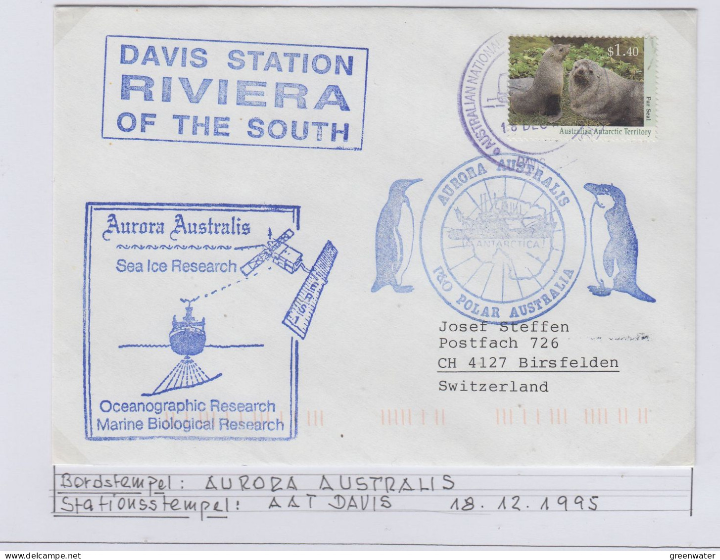 AAT Aurora Australis "Sea Ice Research" Ca Davis 18 DEC 1995 (AS176A) - Cartas & Documentos