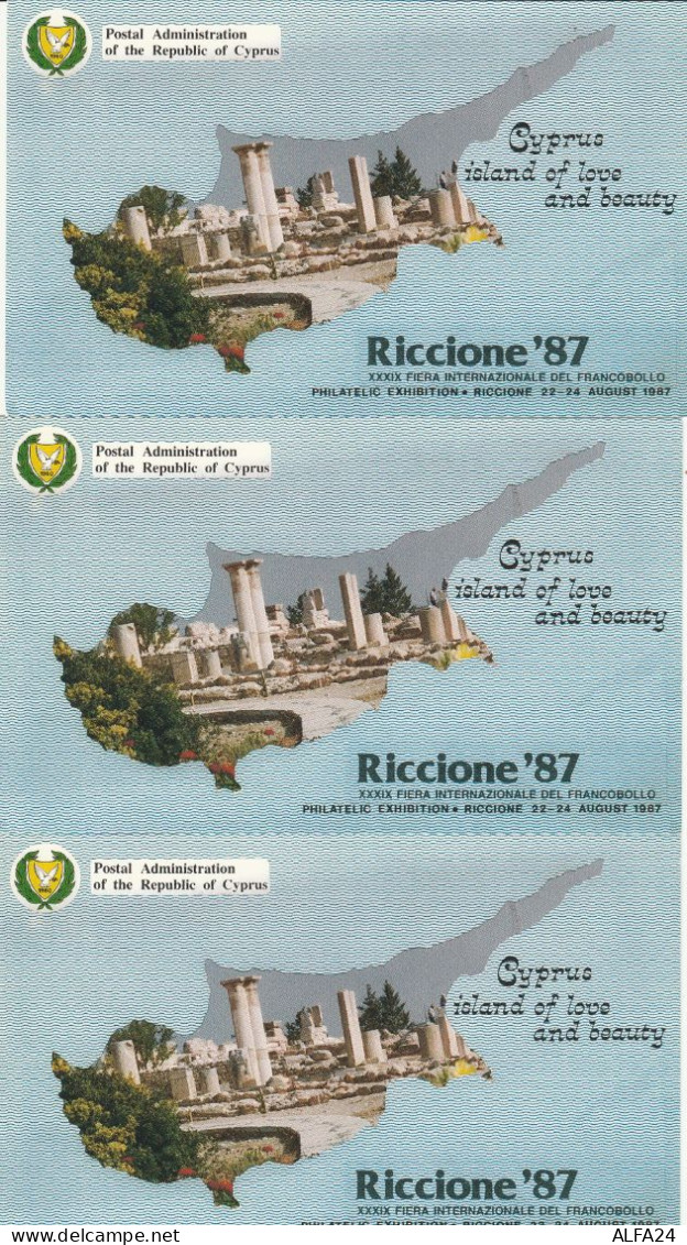 3 CARTOLINE EMESSE DA CIPRO PER RICCIONE 1987 (LY318 - Lettres & Documents