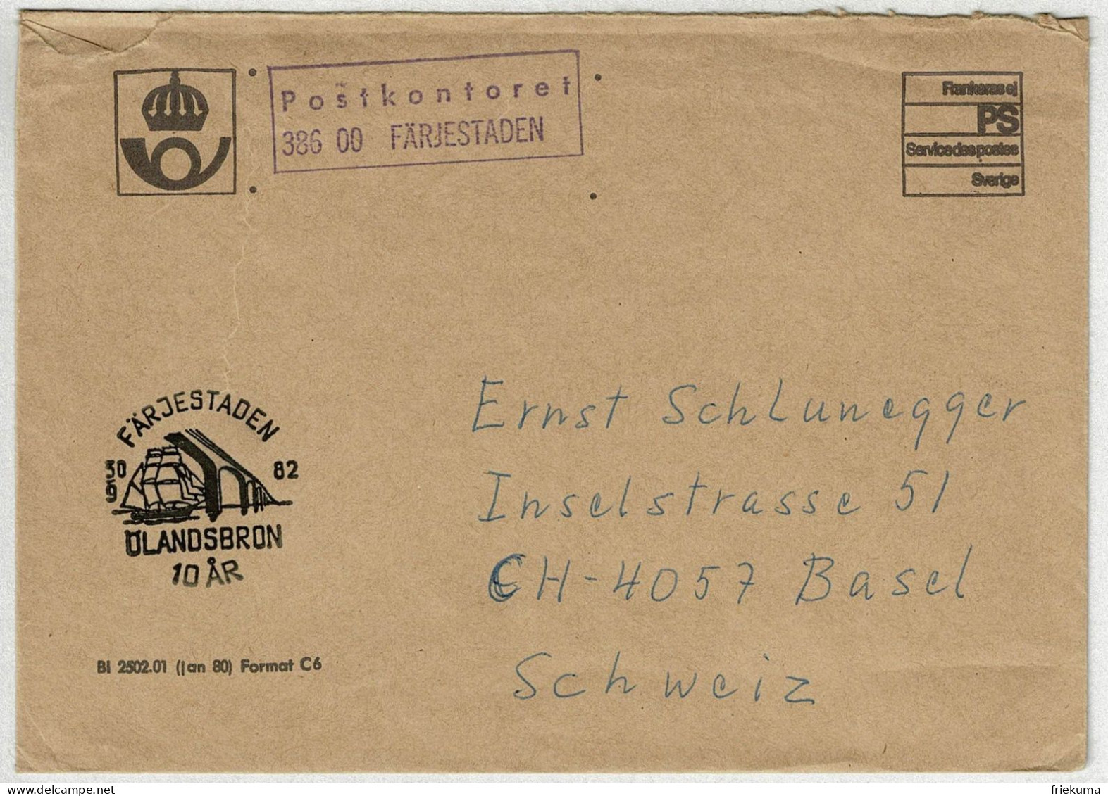 Schweden / Sverige 1982, Postsache / Postkontoret Färjestaden - Basel - Lettres & Documents