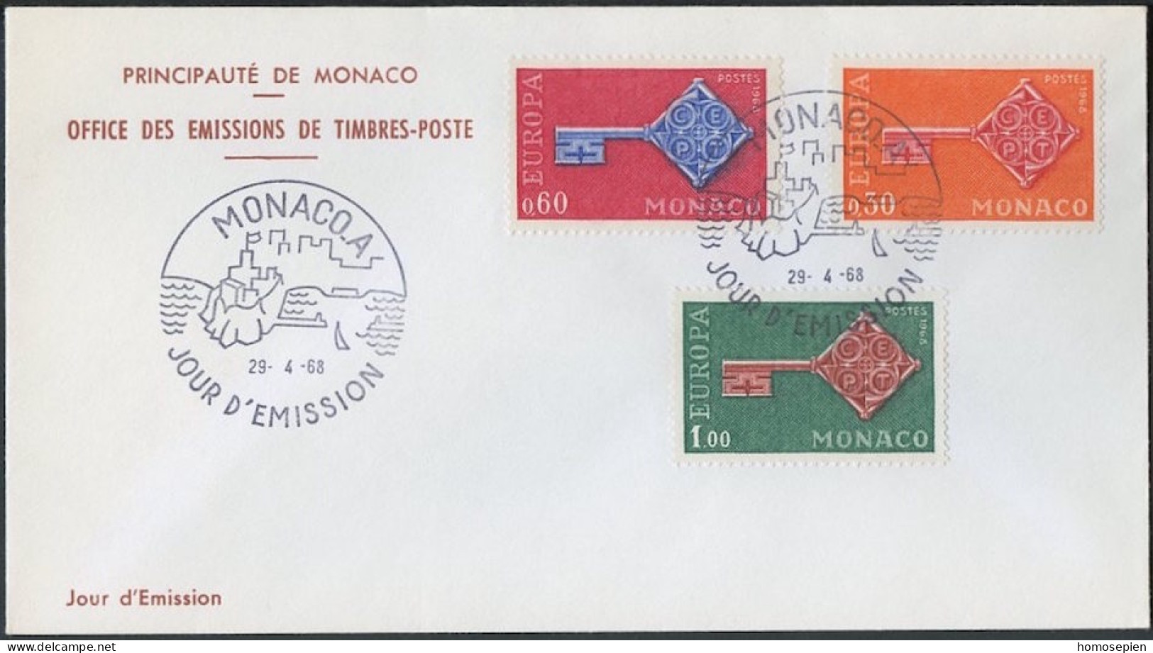 Europa CEPT 1968 Monaco FDC1 Y&T N°749 à 751 - Michel N°879 à 881 - 1968