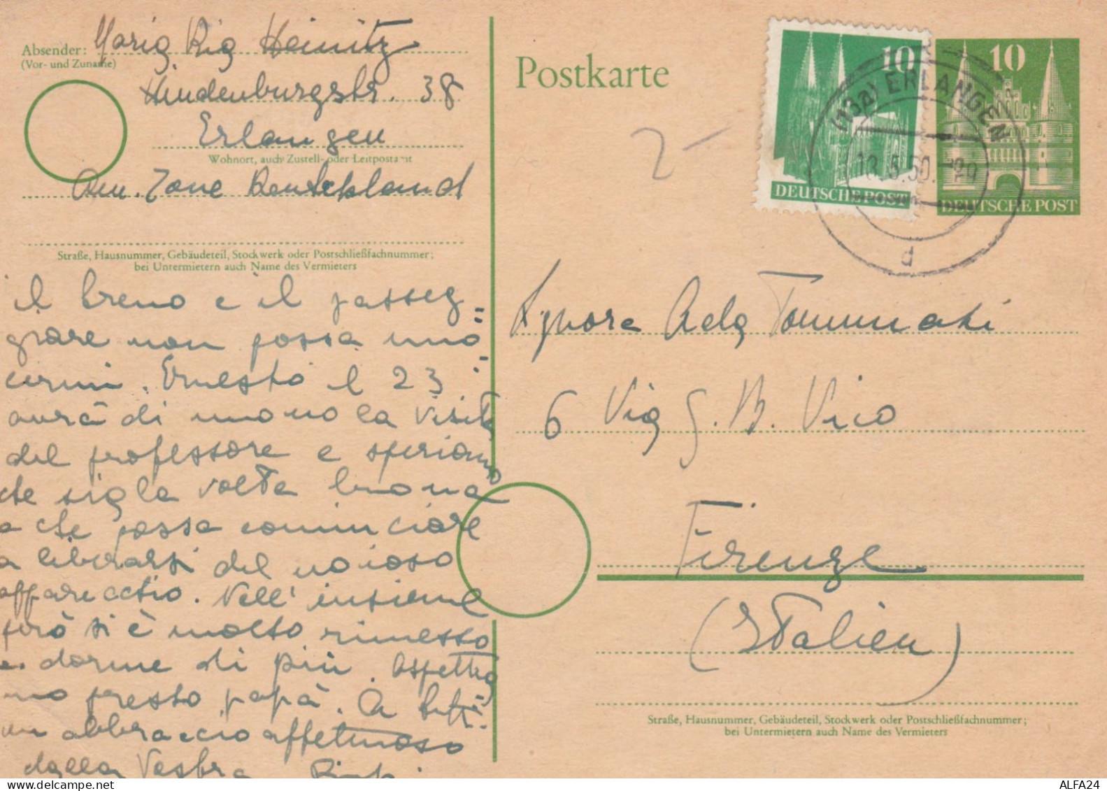 INTERO POSTALE GERMANIA 1950 10+10 TIMBRO ERLANGEN (XM338 - Postkarten - Gebraucht