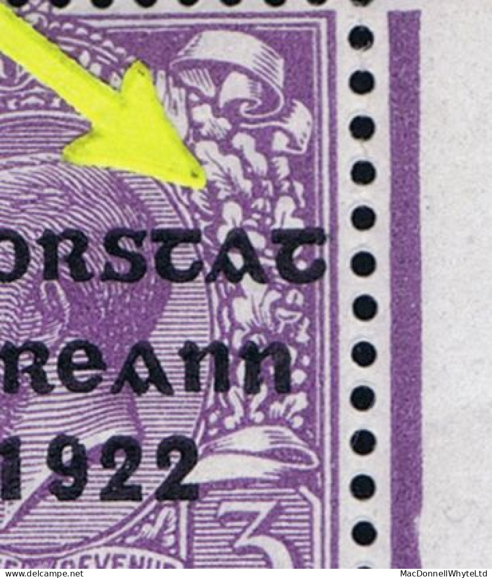 Ireland 1922-23 Thom Saorstát 3-line Overprint In Blue-black On 3d Violet, Error "Accent Missing" R15/12, Error Is Unmou - Ungebraucht