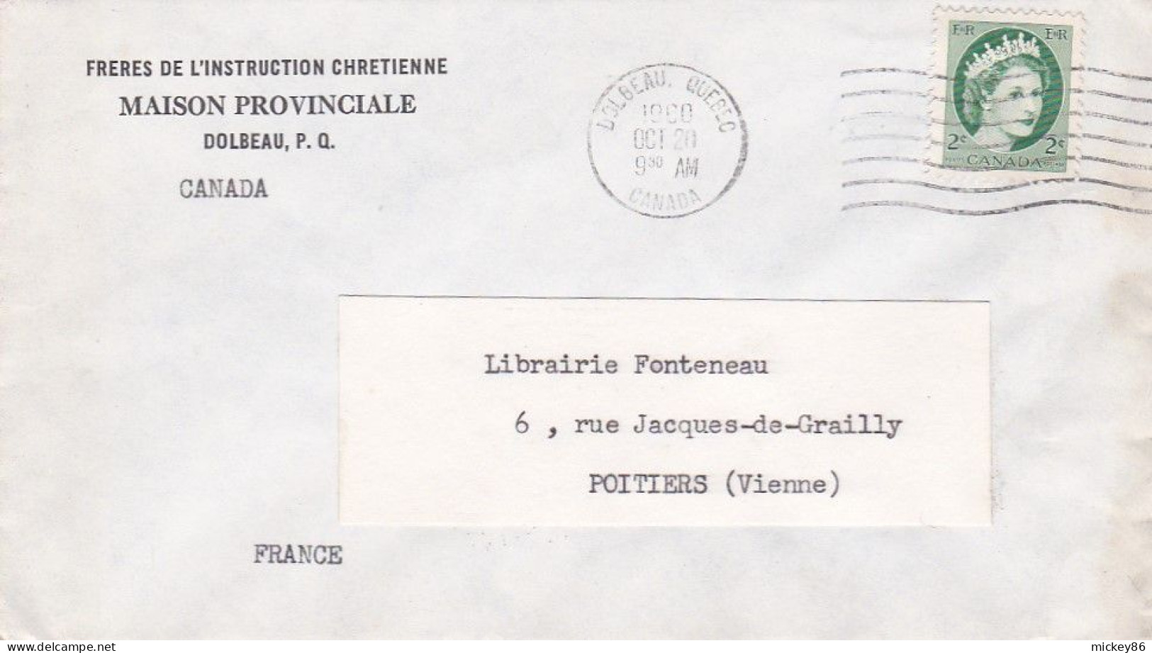 Canada --1960 - Lettre DOLBEAU  Pour POITIERS-86 (France)....timbre Seul  Sur Lettre.....cachet   20-10-60 - Briefe U. Dokumente