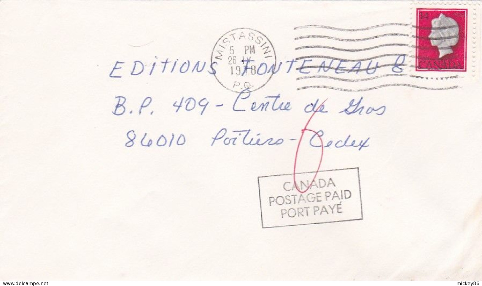 Canada --1978 - Lettre  MISTASSIN  Pour POITIERS-86 (France)....timbre Seul  Sur Lettre.....cachet   26-9-78 - Brieven En Documenten