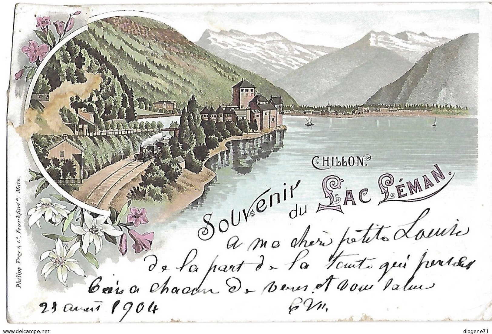 Litho Souvenir Du Lac Léman Chillon 1904 Train à Vapeur Défaut - Veytaux
