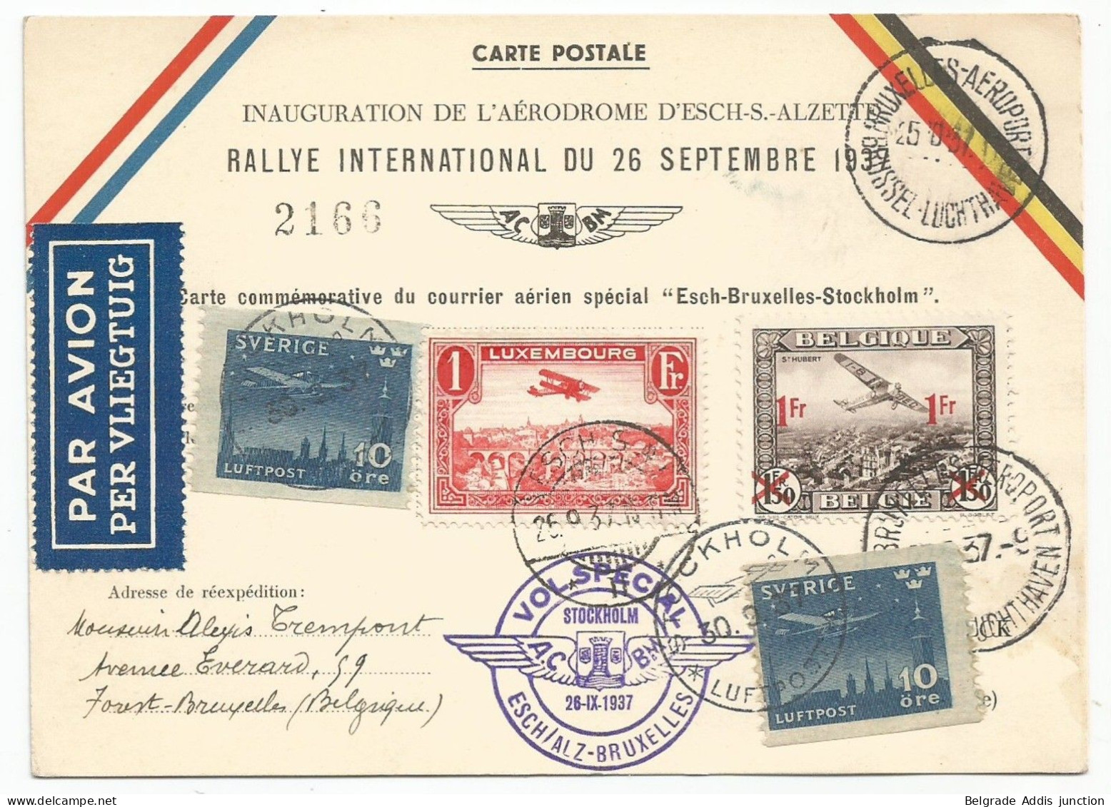 Luxembourg Luxemburg Belgique Belgium Sweden Airmail Postcard 1937 Esch - Stockholm - Brieven En Documenten