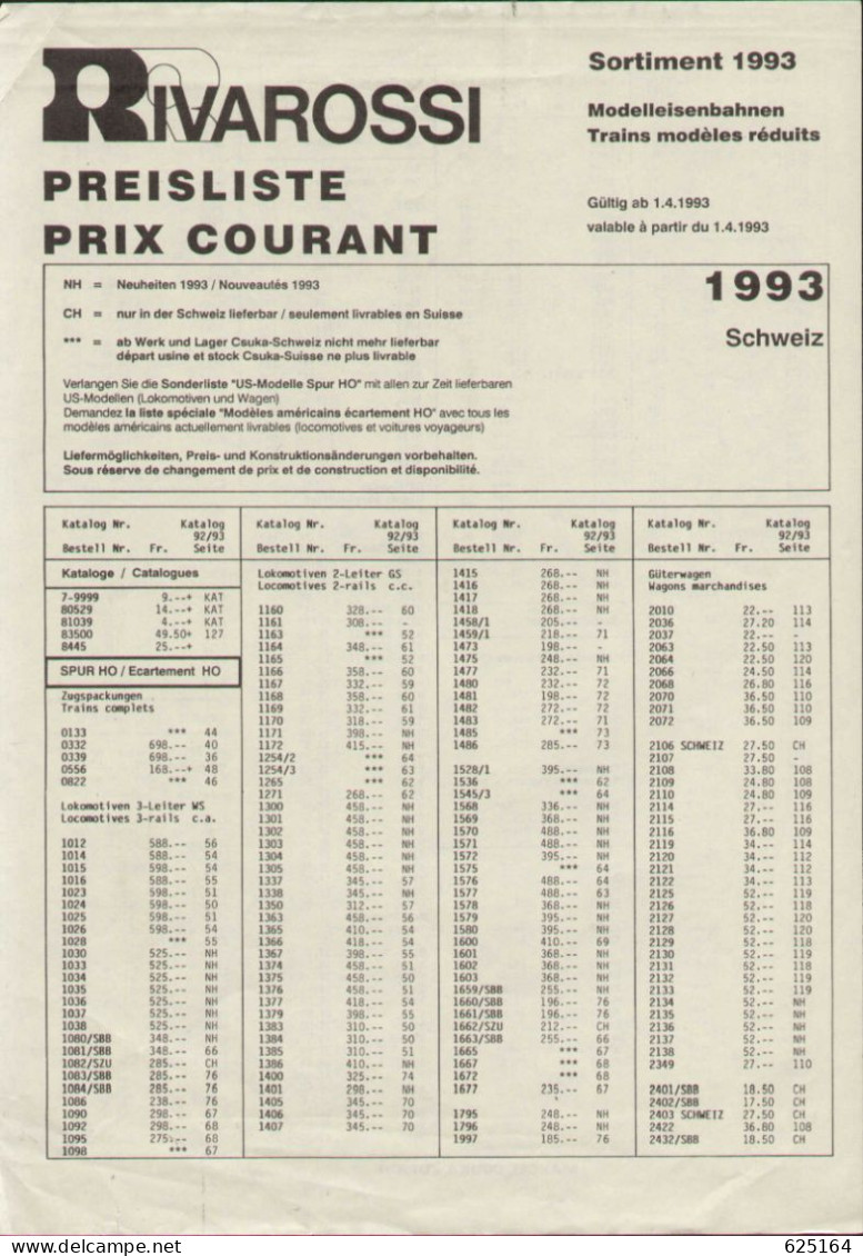 Catalogue RIVAROSSI 1993 PREISLISTE CHF Prix Courent - En Allemand Et Français - Duits