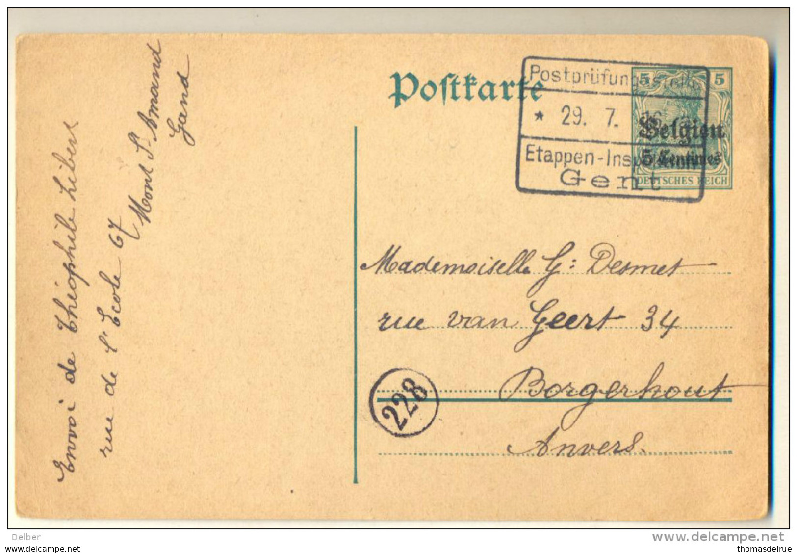 4v829: Postkarte 5Centiemes: Verstuurd UitMONT ST.AMAND  Via Etappen-Inspektion GENT *29.7.16 > Borgerhout - Geencensuur - OC26/37 Zonas Iniciales