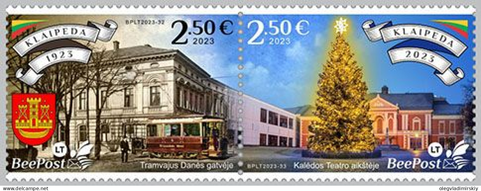 Lithuania Litauen Lituanie 2023 Christmas In Klaipeda Tramway Architecture BeePost Strip Of 2 Stamps MNH - Tram