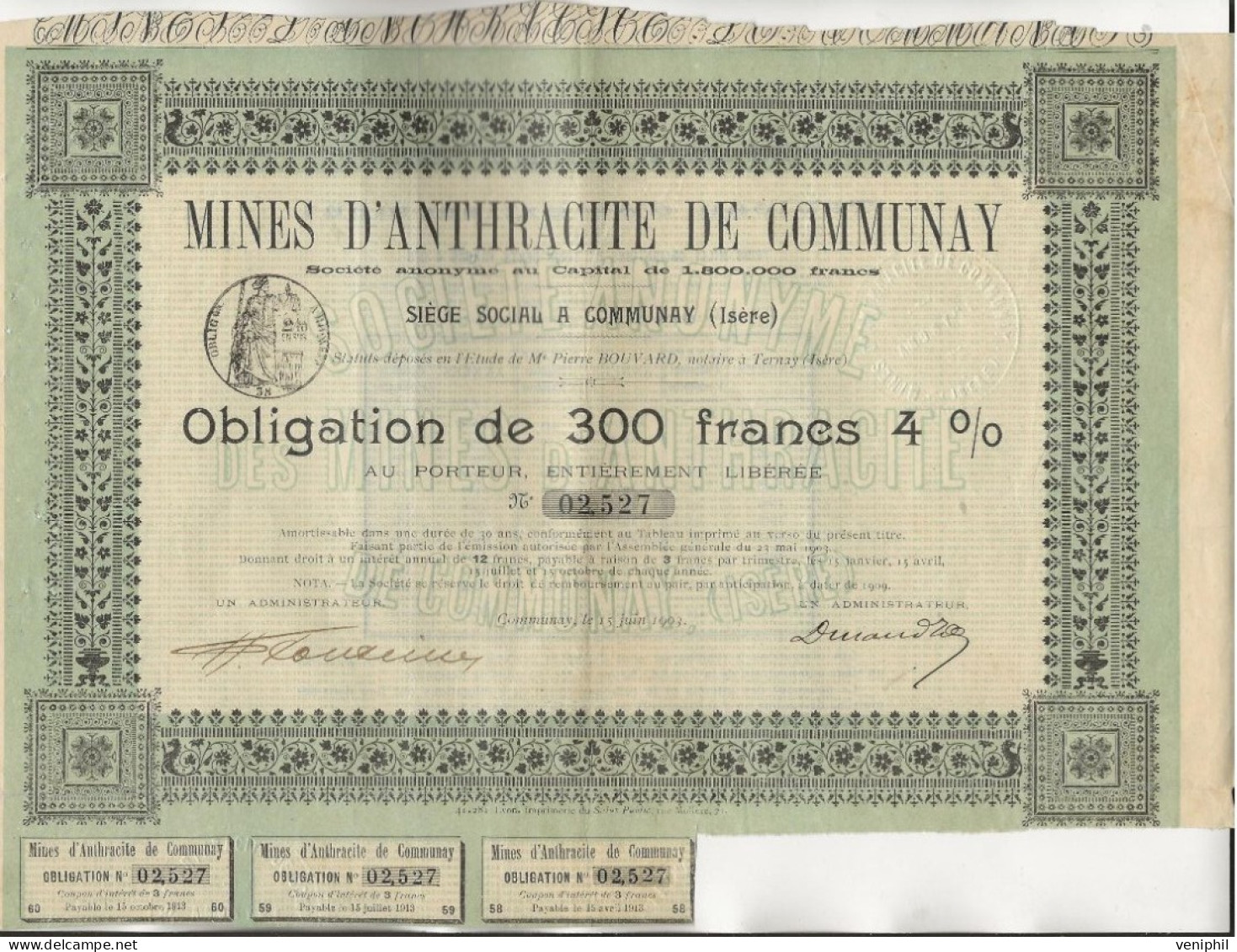 MINES D'ANTHRACITE DE COMMUNAY - ISERE - RARE OBLIGATION DE 300 FRANCS  4 % - ANNEE 1903 - Mineral