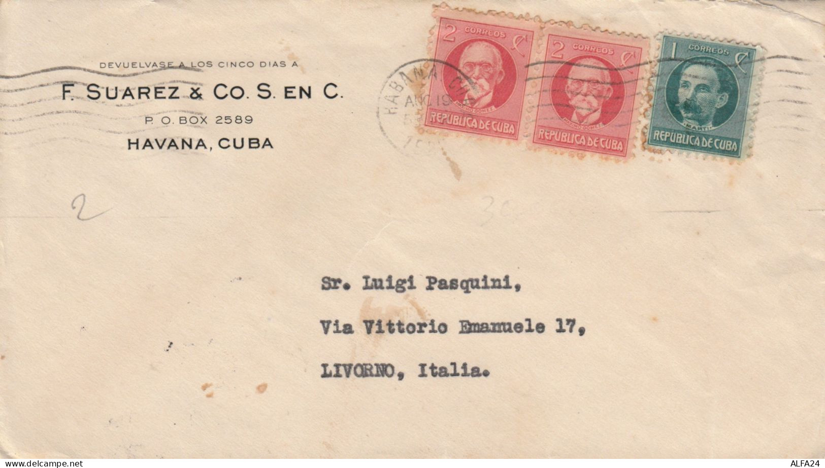 LETTERA CIRCA 1920 F.SUAREZ-CUBA TIMBRO HABANA (ZX219 - Lettres & Documents