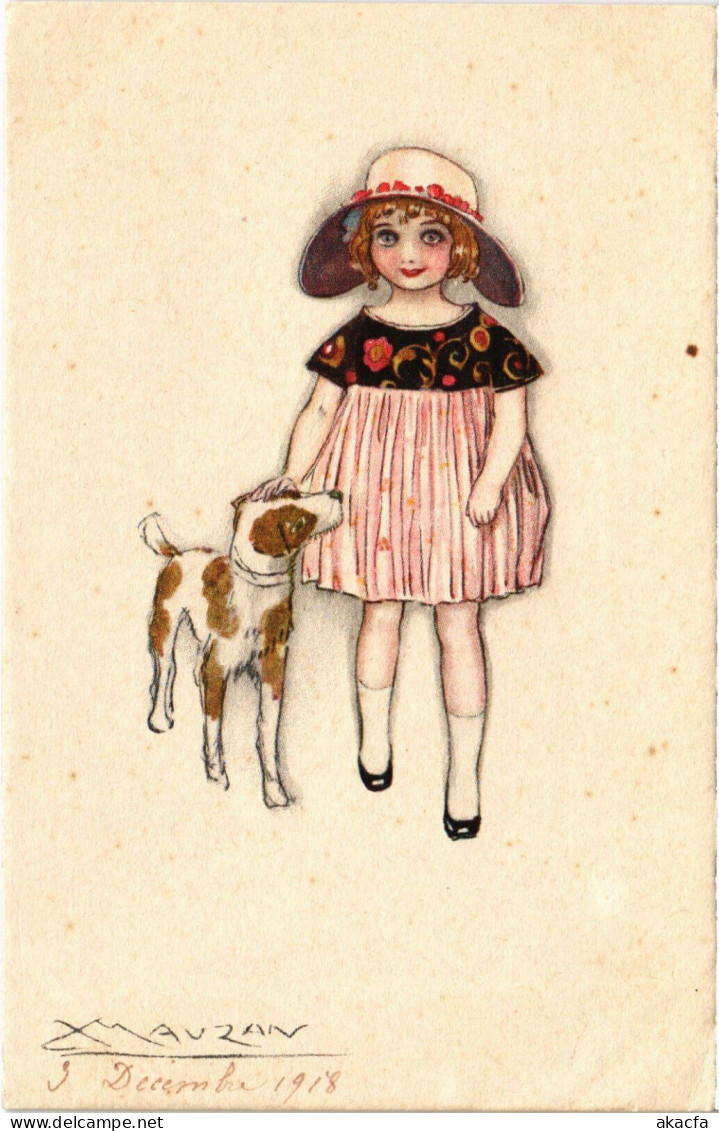 PC ARTIST SIGNED, MAUZAN, GIRL WITH A DOG, Vintage Postcard (b50974) - Mauzan, L.A.
