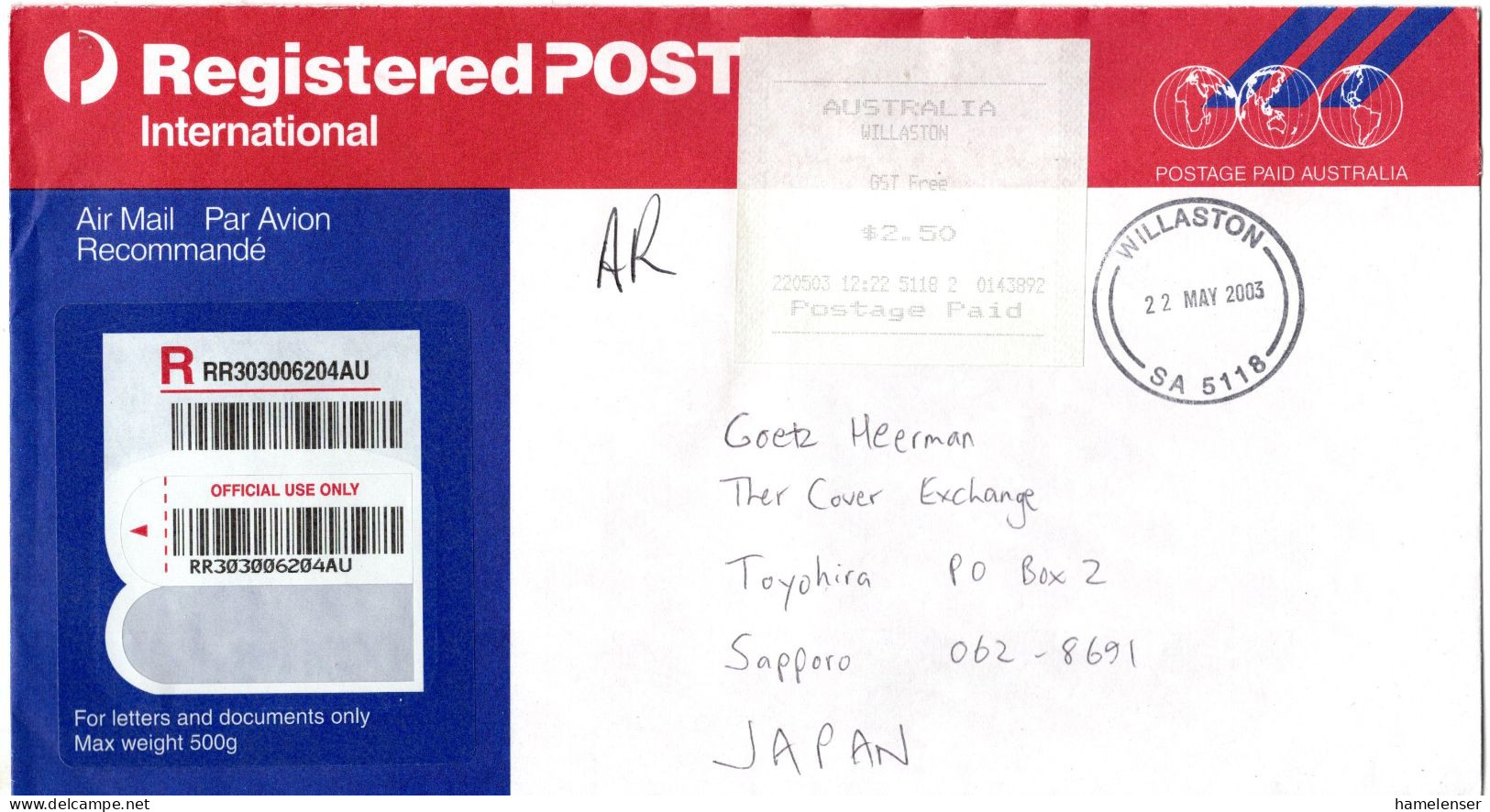 L73315 - Australien - 2003 - "P.P." R-LpGAUmschlag WILLASTON -> Japan - Lettres & Documents